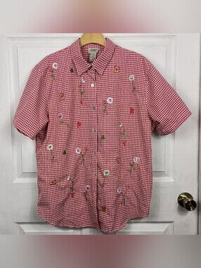 Vintage 90s Red Gingham Shirt Embroidered SS Button Up Cottagecore Granny Summer